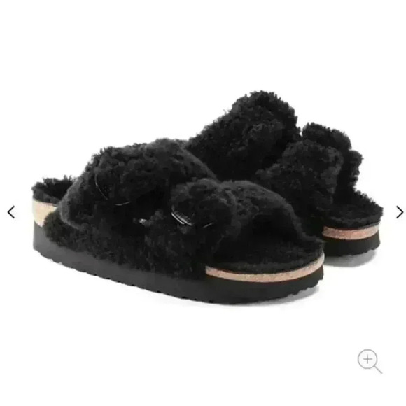 Birkenstock Arizona Teddy Shearling Platform Sandals Black Big Buckle 38 US 7 - Picture 6 of 6